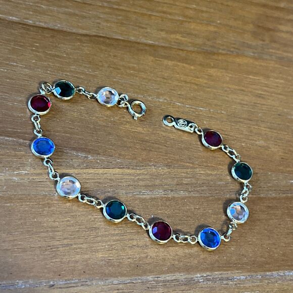 Vintage Multicolor Crystal By Swarovski Bracelet Gold Plated 7” Swan Signed